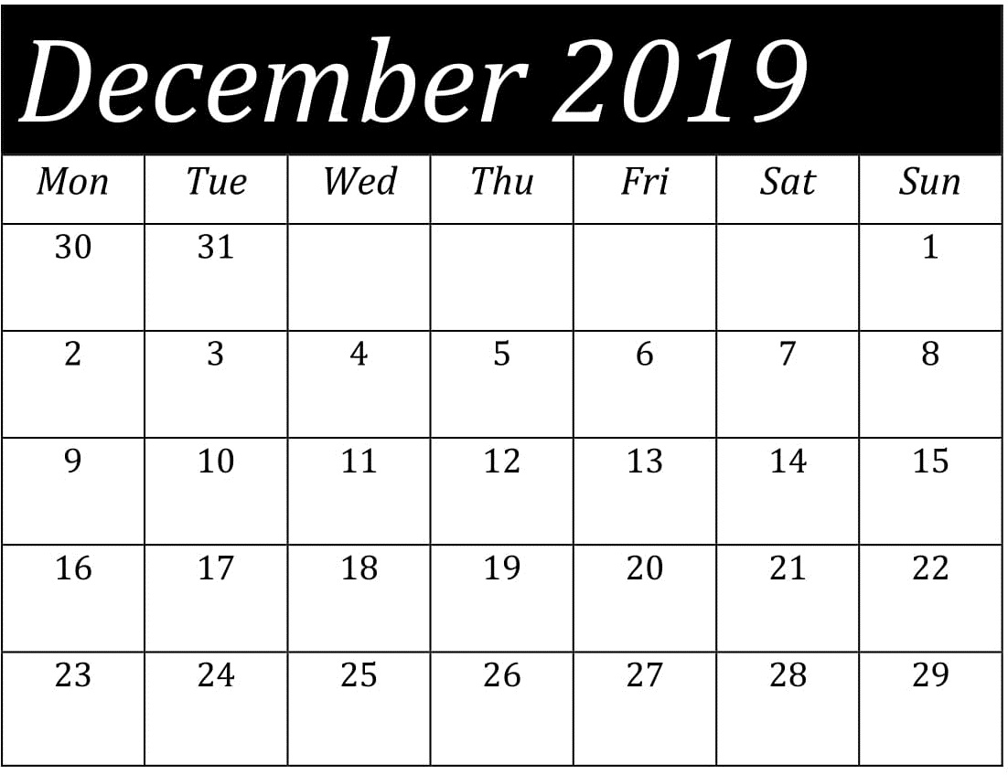 Blank December 2019 Calendar