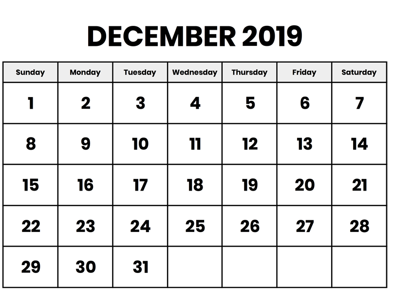 Printable December 2019 Calendar