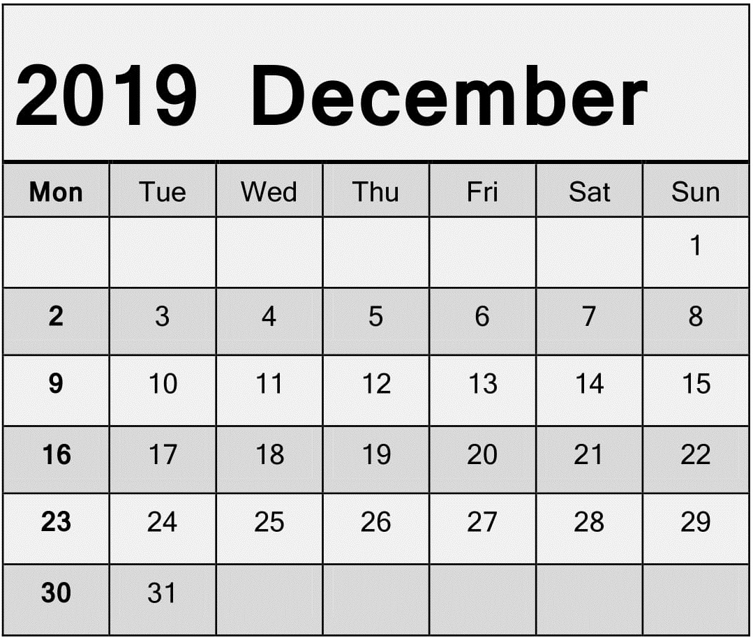 Printable December 2019 Calendar