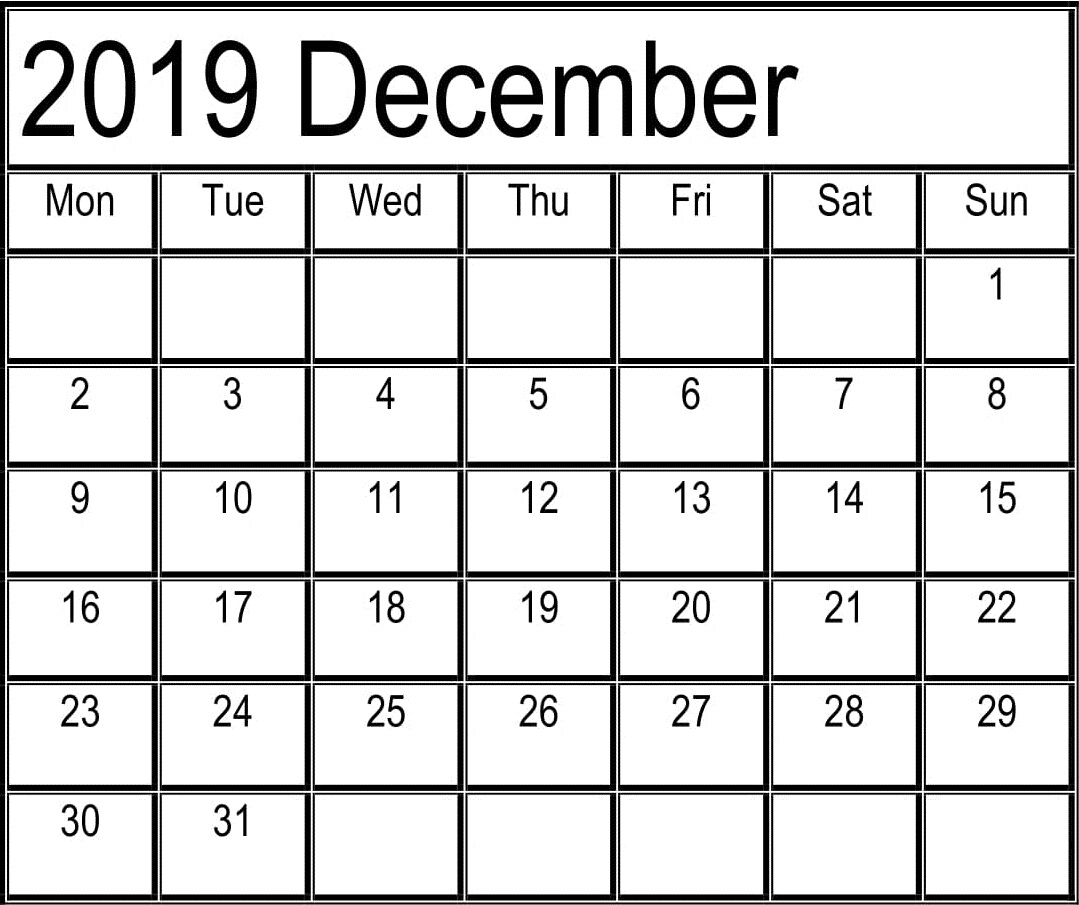 Printable December 2019 Calendar