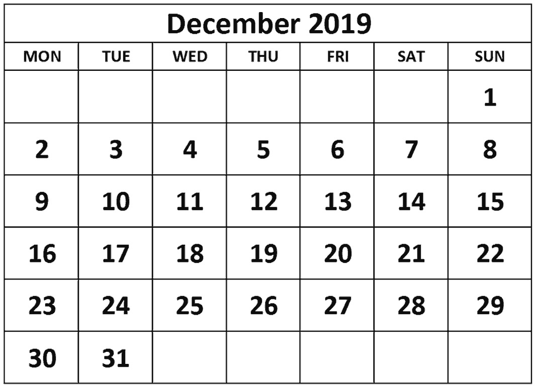 Printable December 2019 Calendar