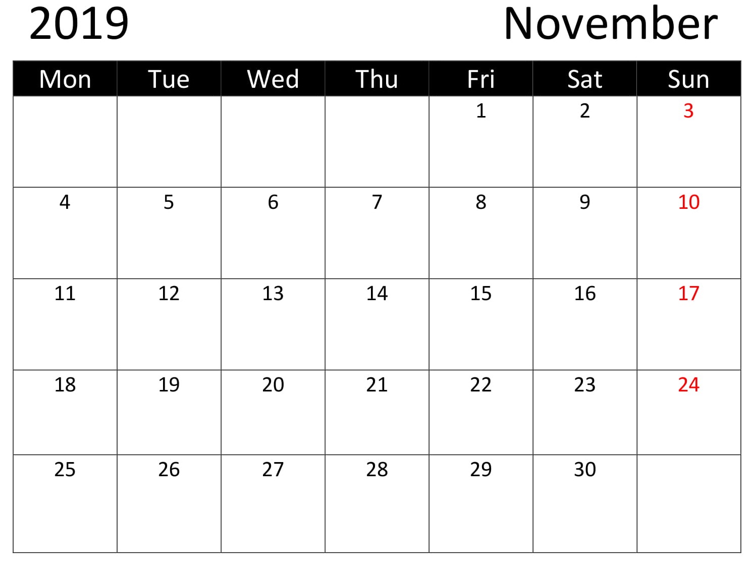 Printable November 2019 Calendar