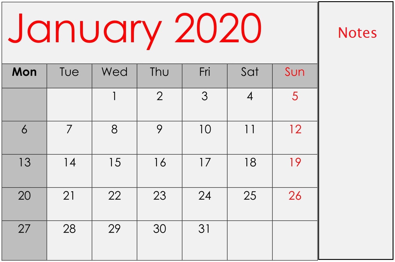 Blank January 2020 Calendar 