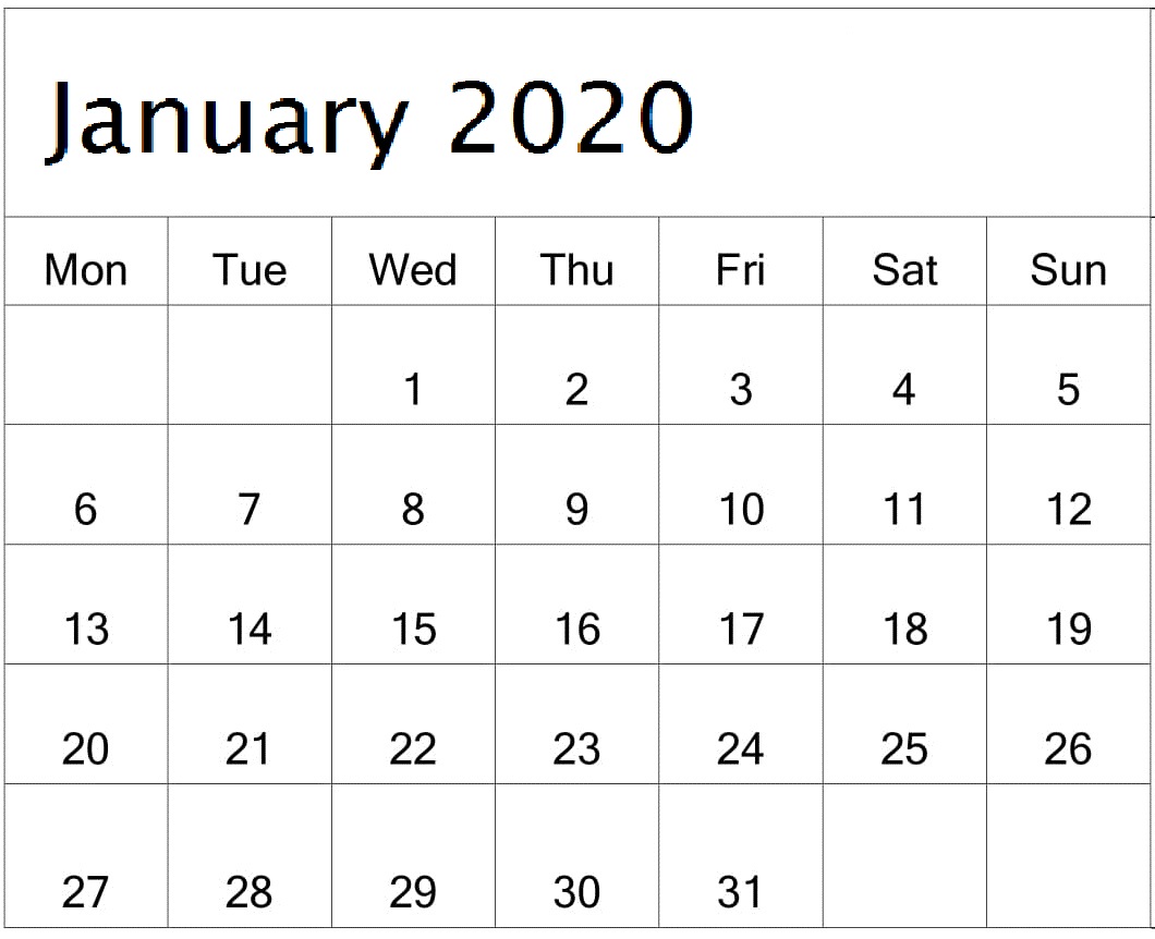 Blank January 2020 Calendar 