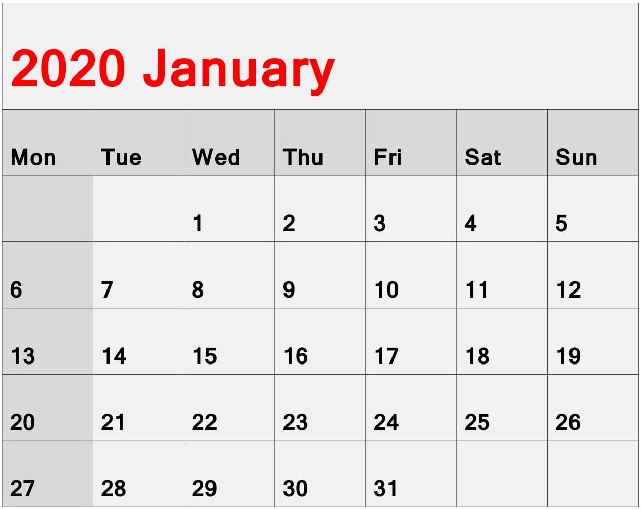 Calendar For January 2020 