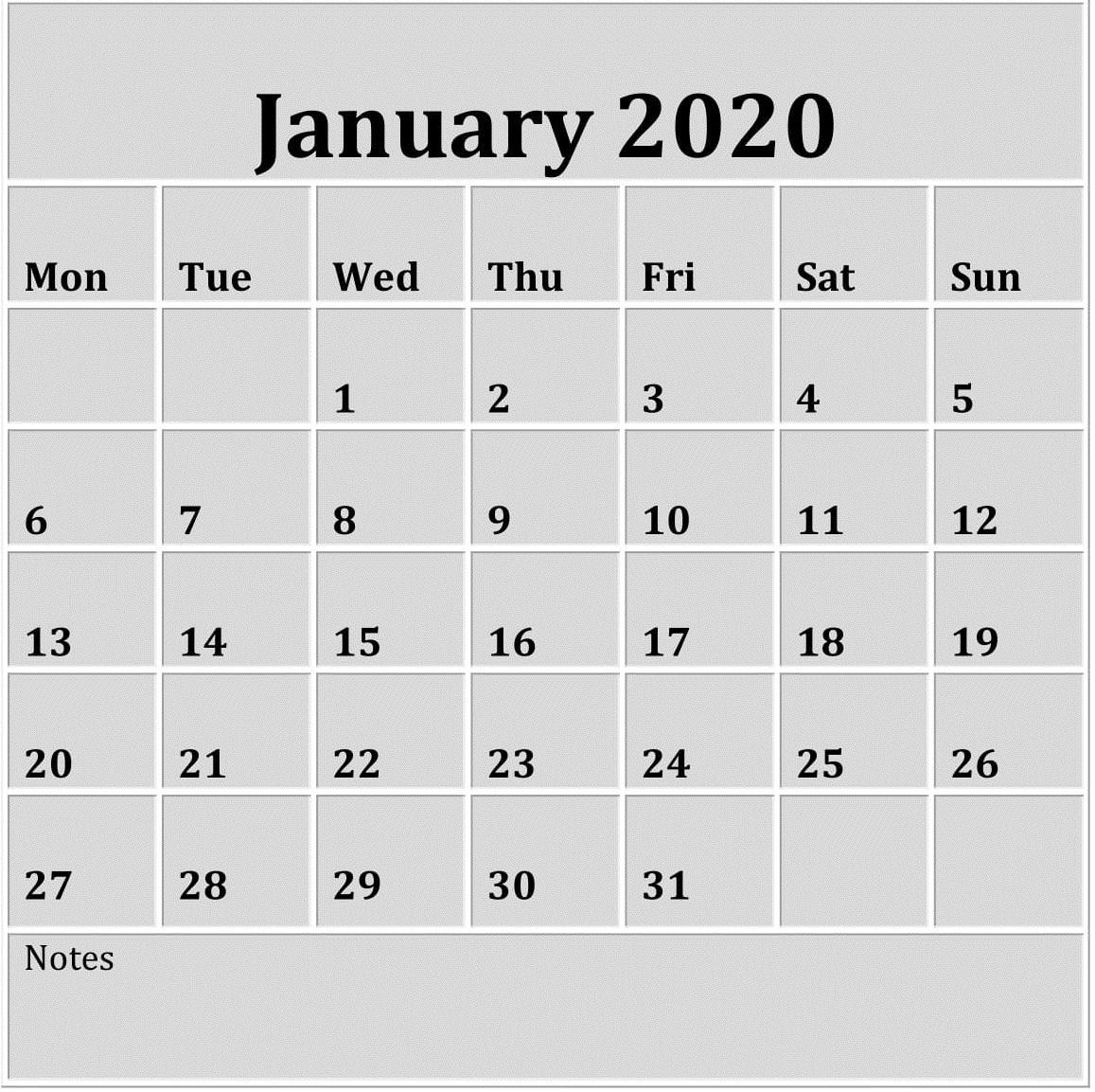 Calendar For January 2020 