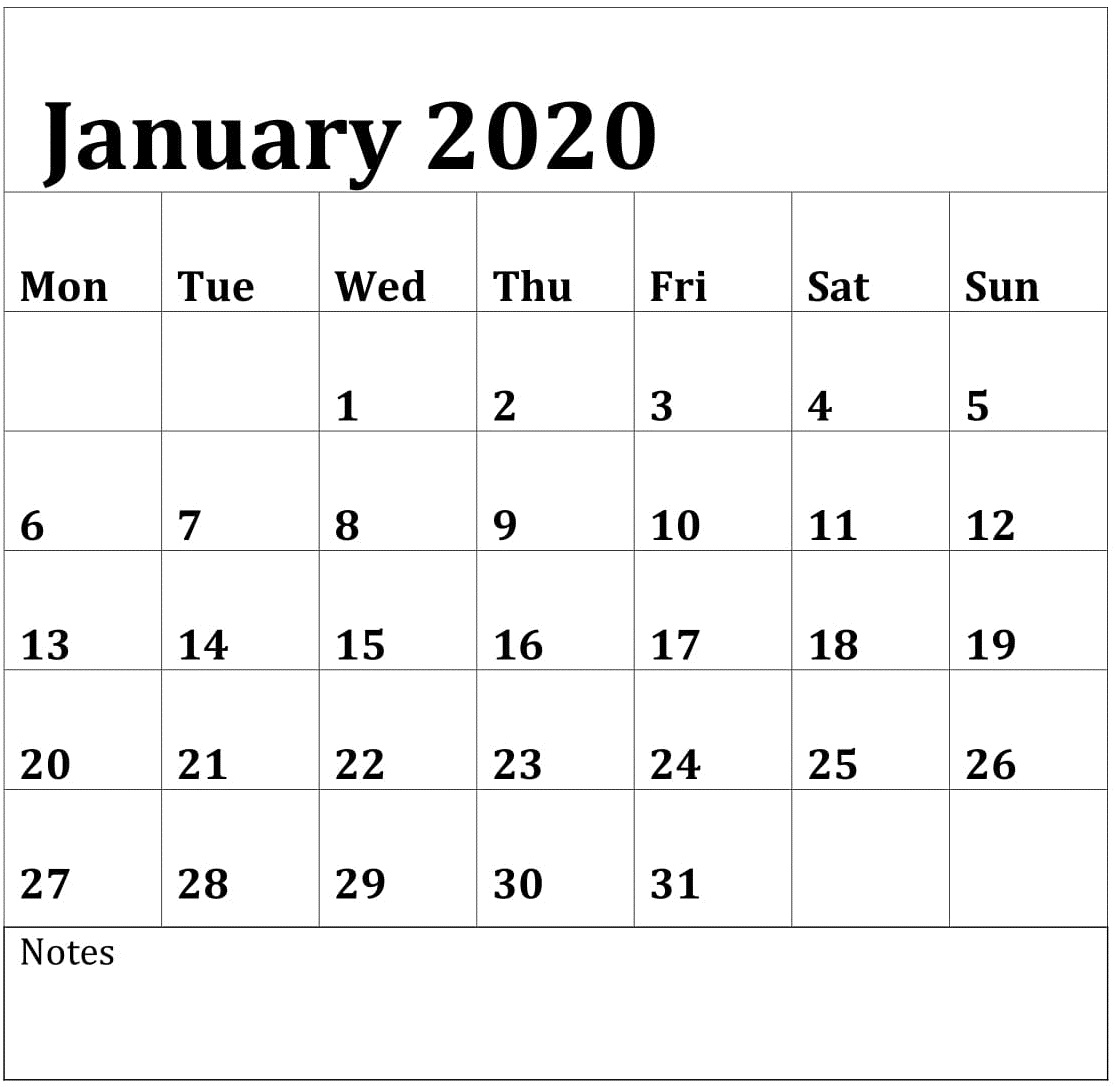 Calendar For January 2020 
