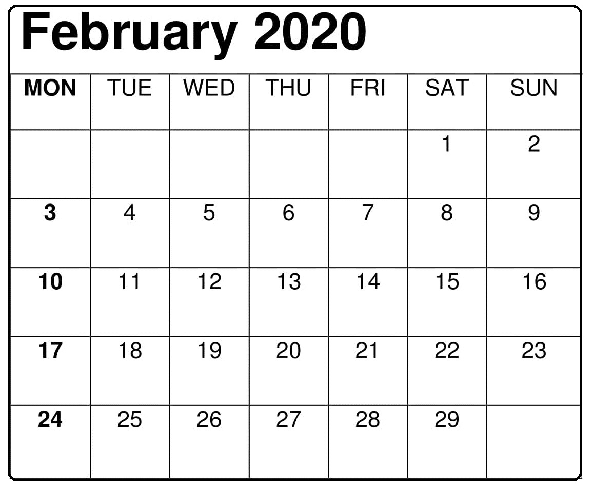 February Calendar 2020 