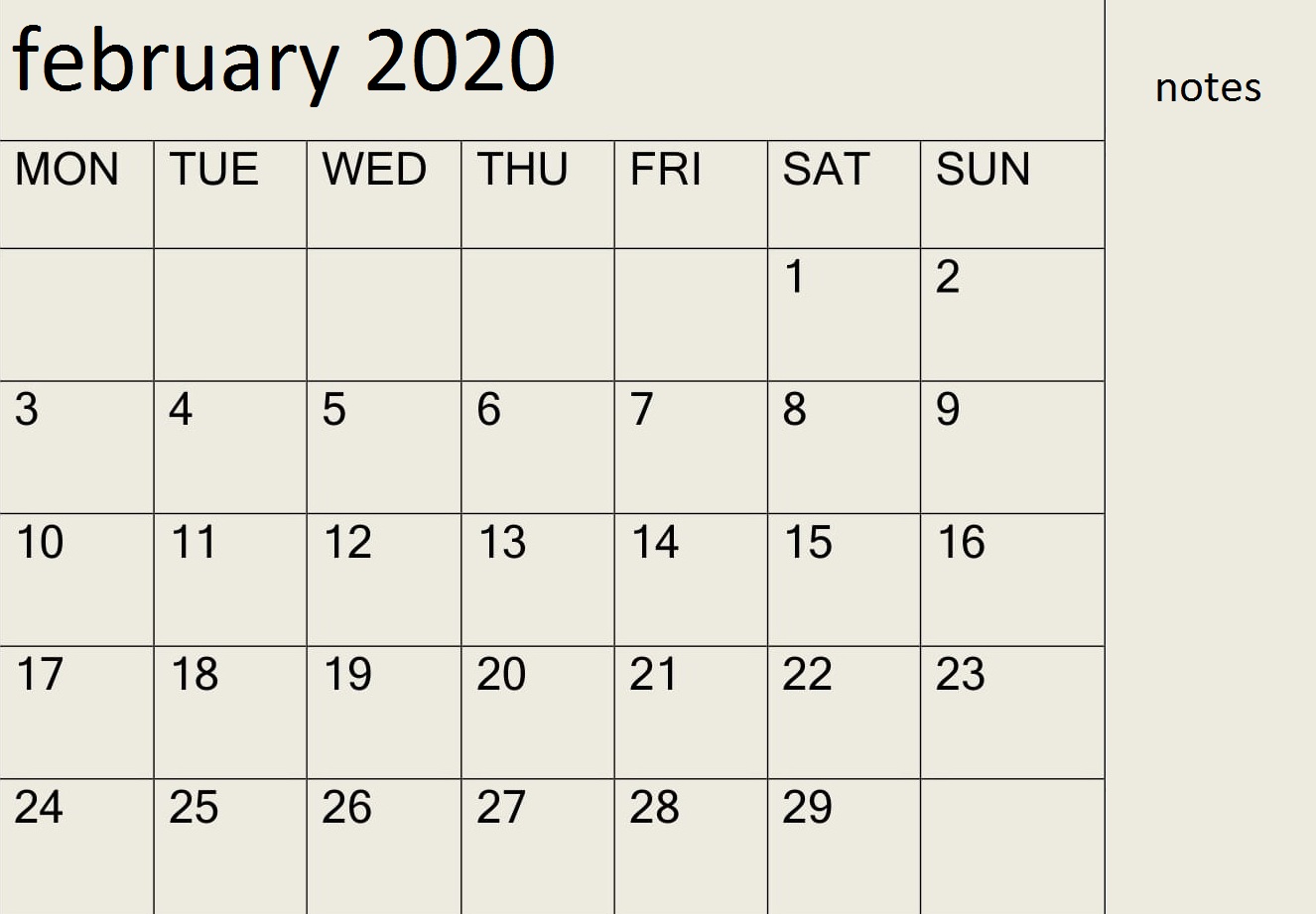 February Calendar 2020 