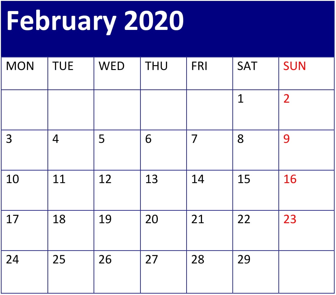 Free Printable February 2020 Calendar