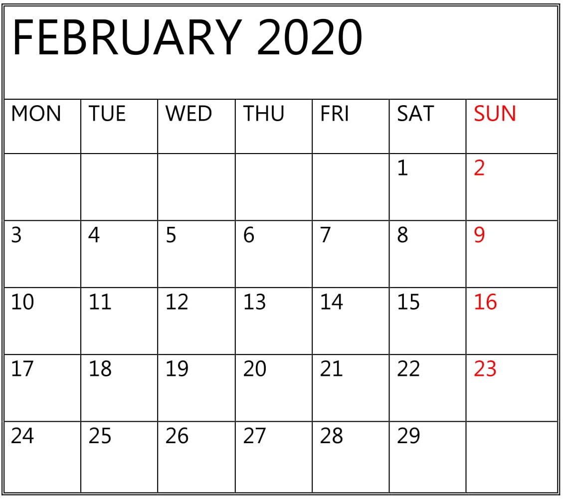 Free Printable February 2020 Calendar