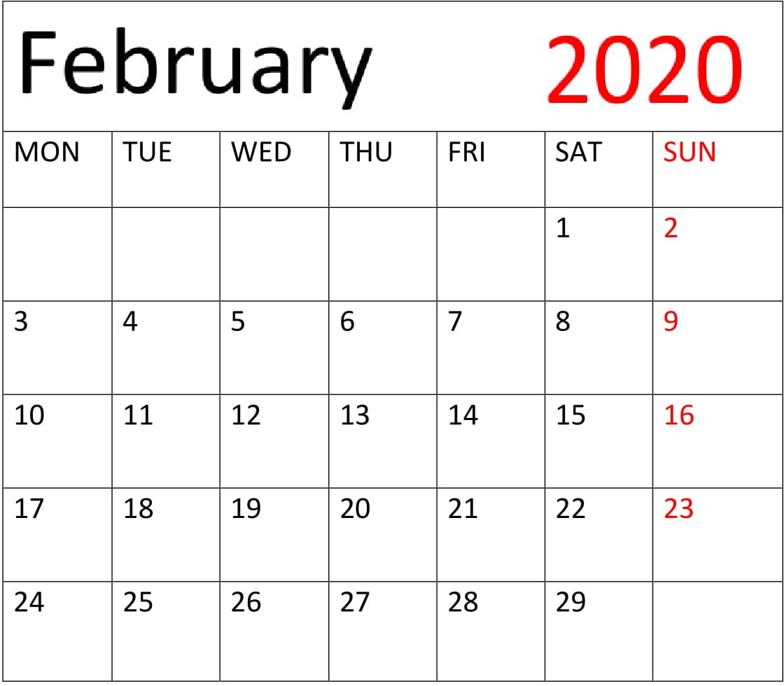 Free Printable February 2020 Calendar