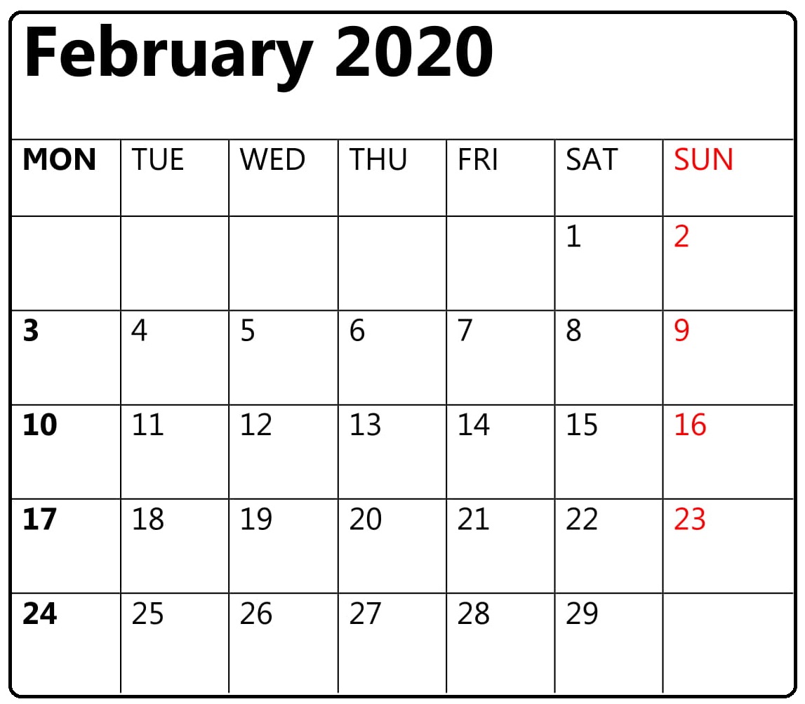 Free Printable February 2020 Calendar