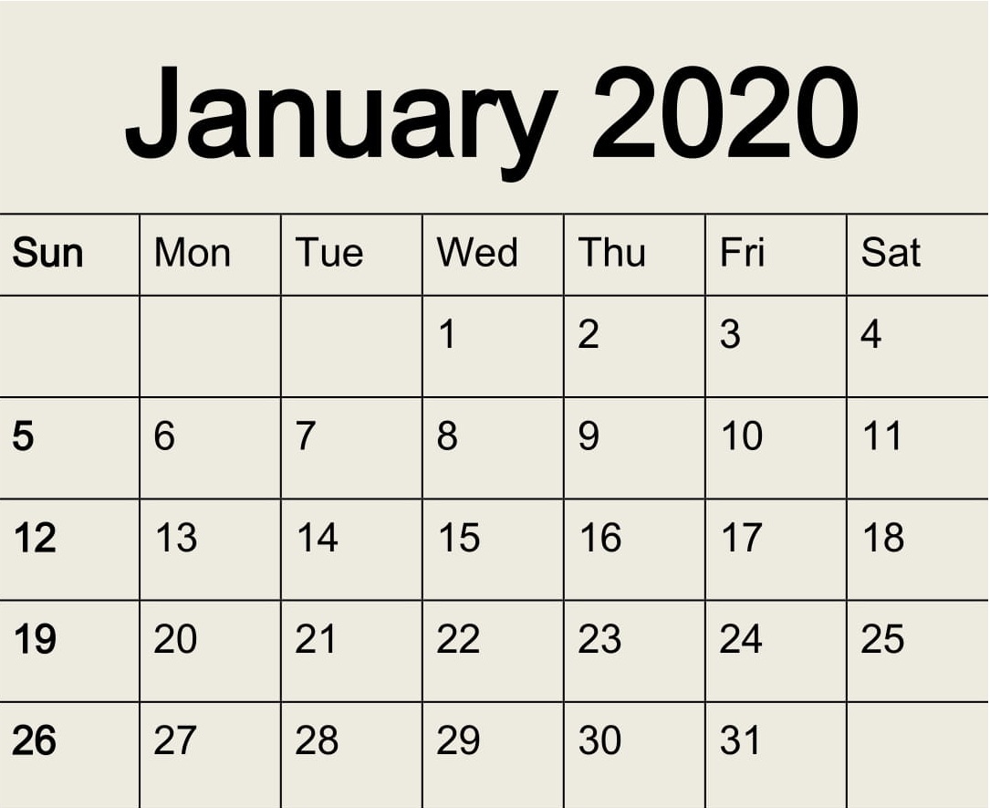 Free Printable January 2020 Calendar 