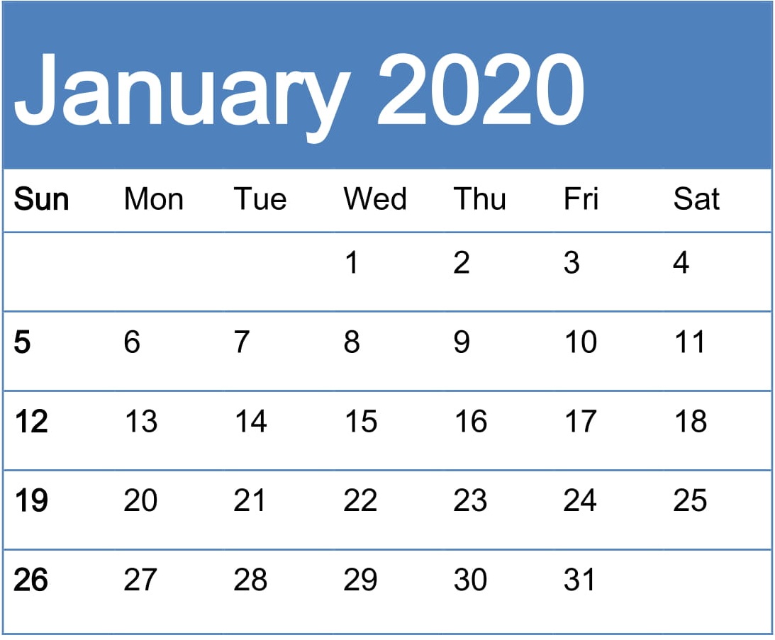 Free Printable January 2020 Calendar 