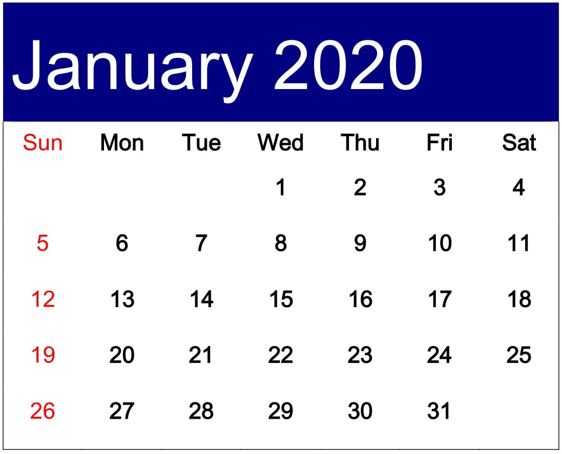 Free Printable January 2020 Calendar 