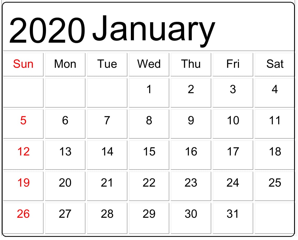 Free Printable January 2020 Calendar 