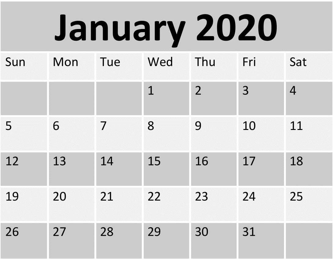 Free Printable January 2020 Calendar 