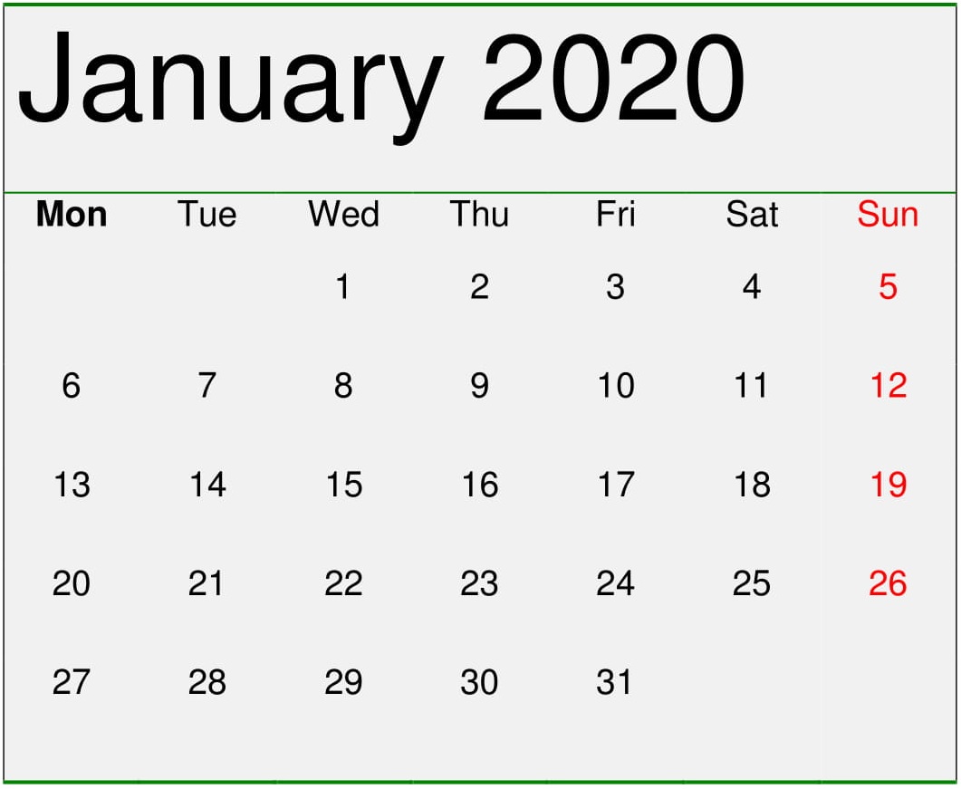 January 2020 Calendar Printable