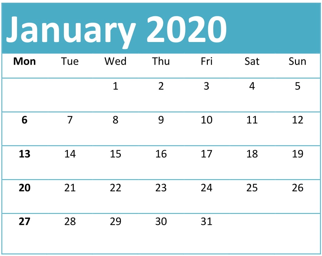 January 2020 Calendar Printable