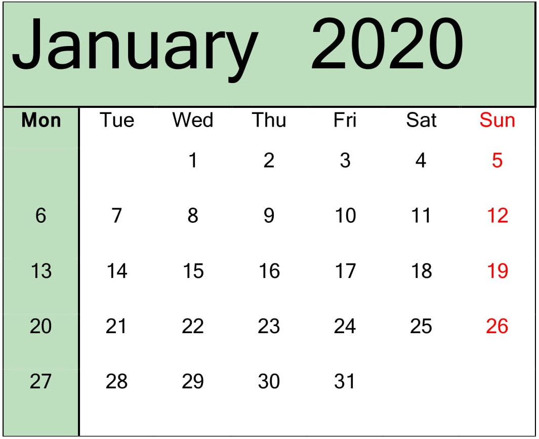 January 2020 Calendar Printable