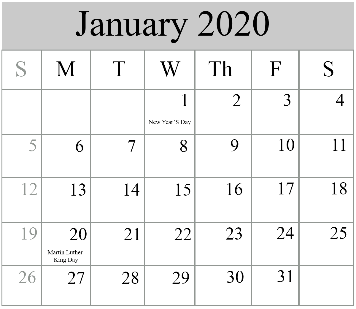 January 2020 Calendar With Holidays