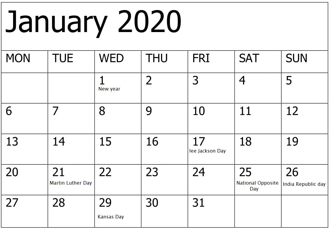 January 2020 Calendar With Holidays