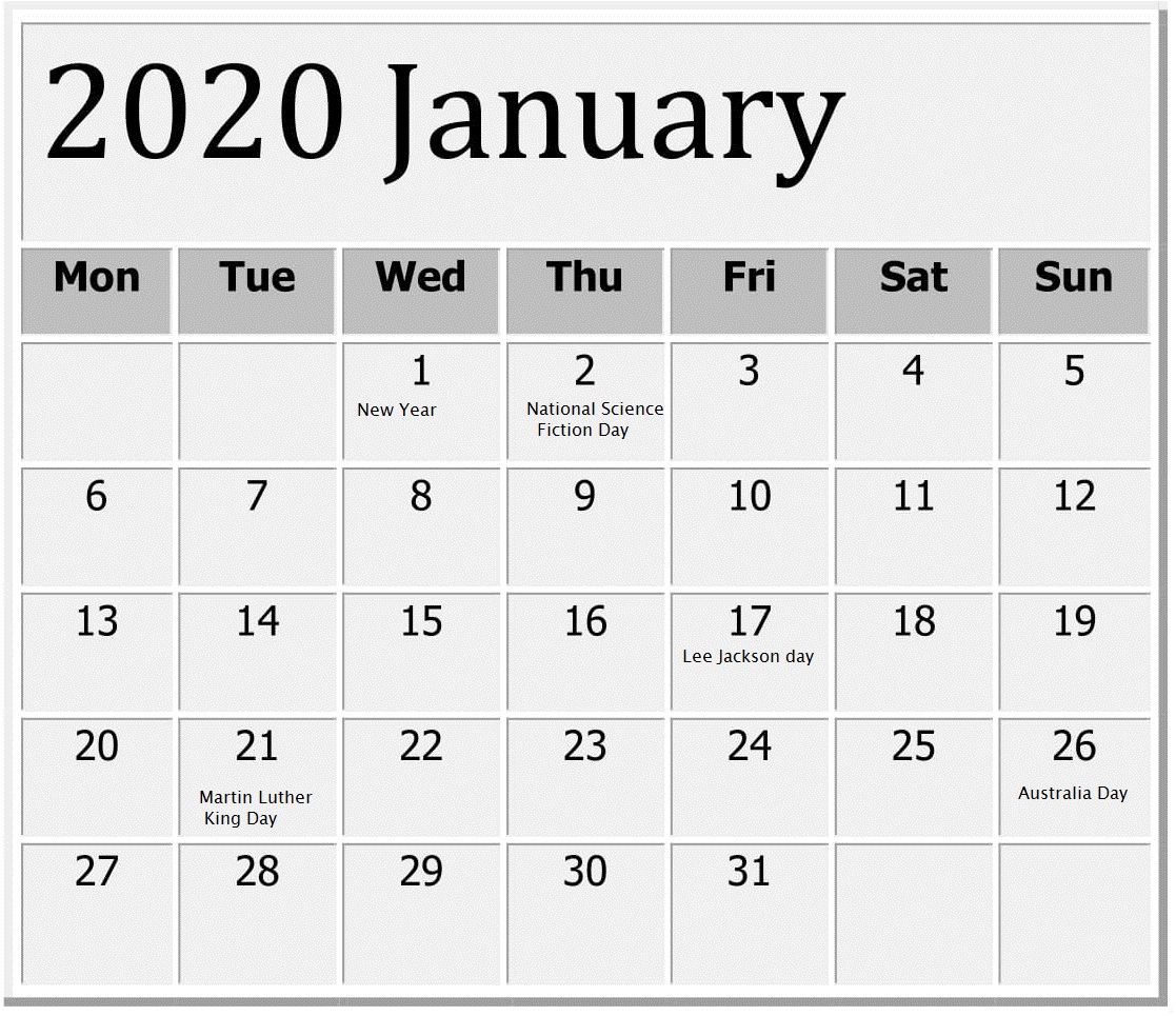 January 2020 Calendar With Holidays