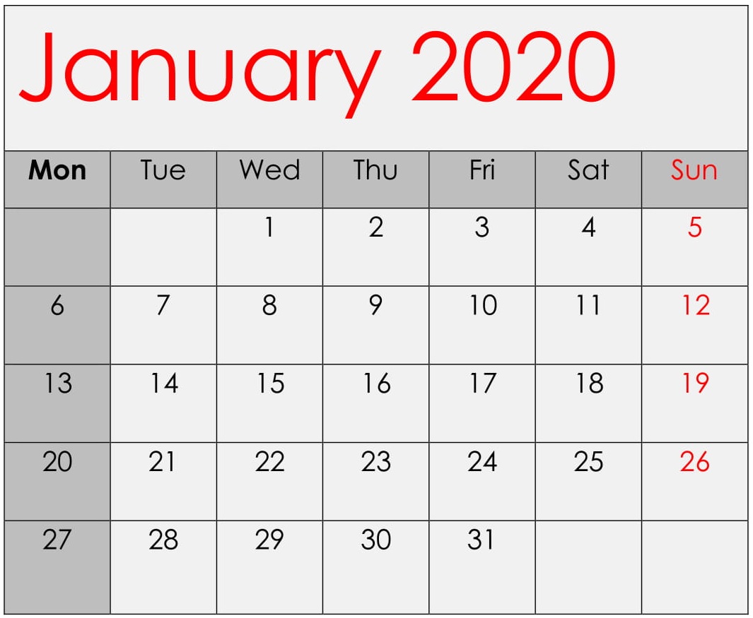 January 2020 Calendar Printable