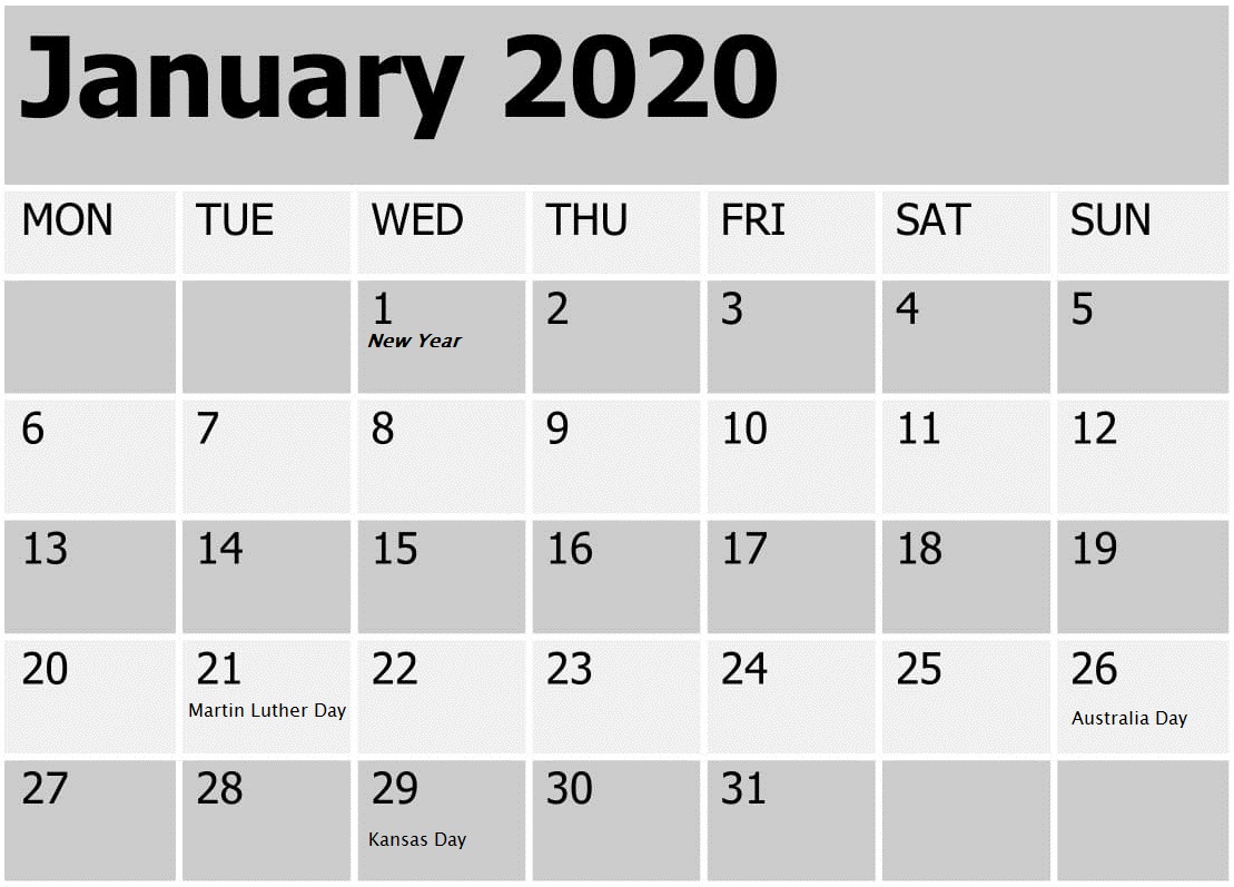 January 2020 Calendar With Holidays