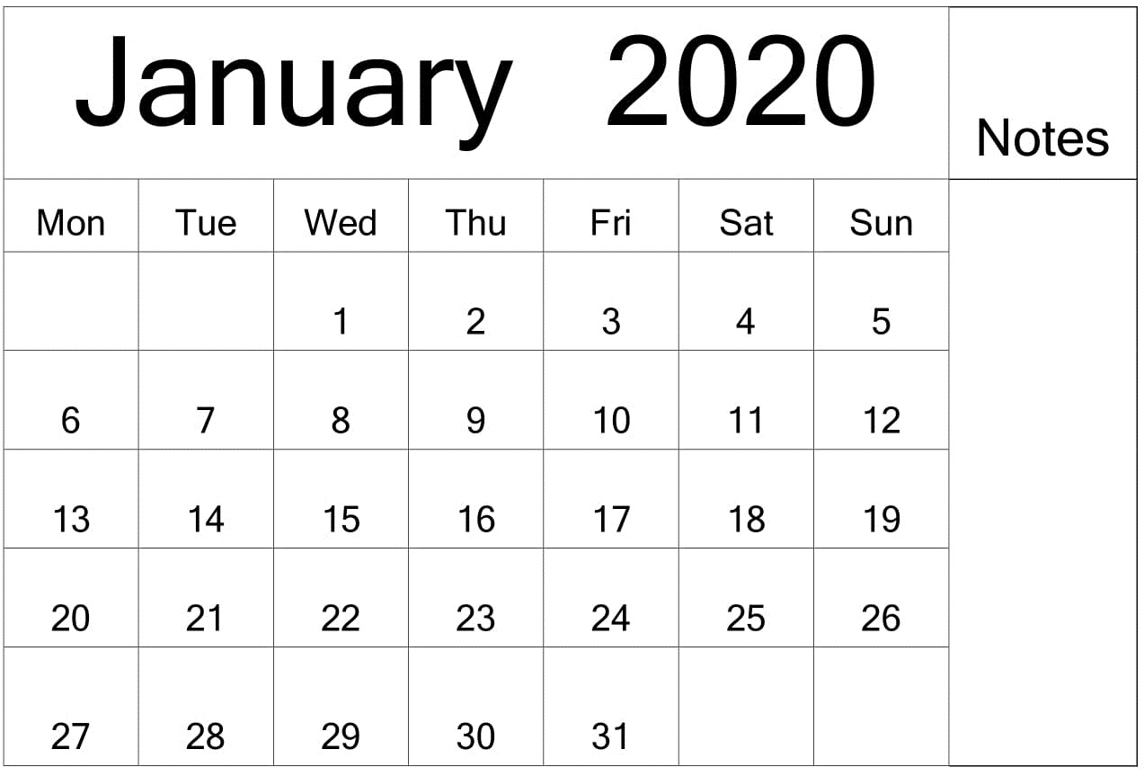 January 2020 Printable Calendar 