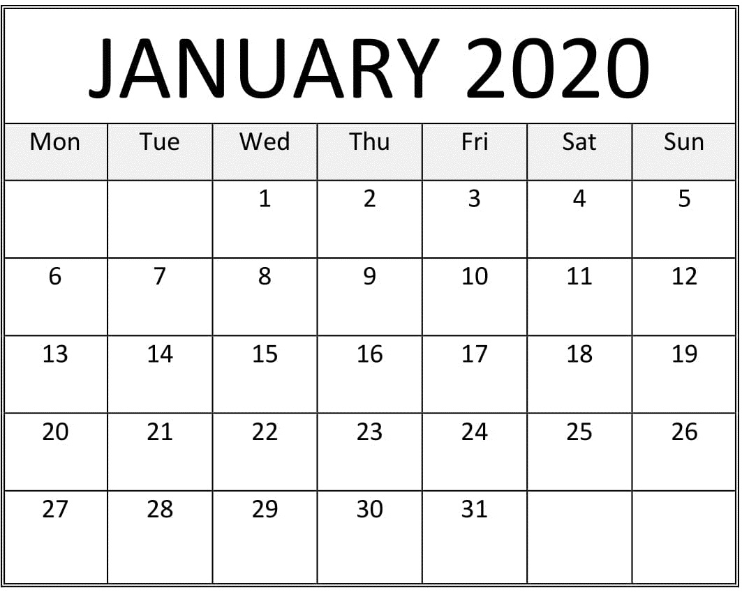January 2020 Printable Calendar 