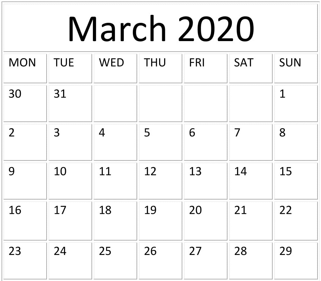 March 2020 Calendar Printable