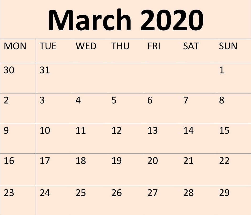 March 2020 Calendar Printable