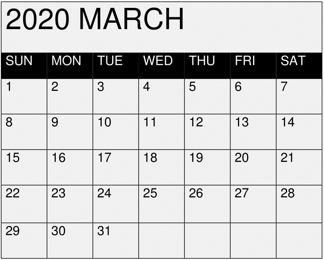 March 2020 Calendar Printable