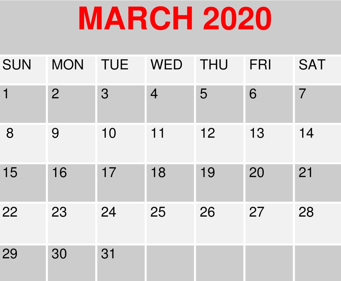 March 2020 Calendar Printable