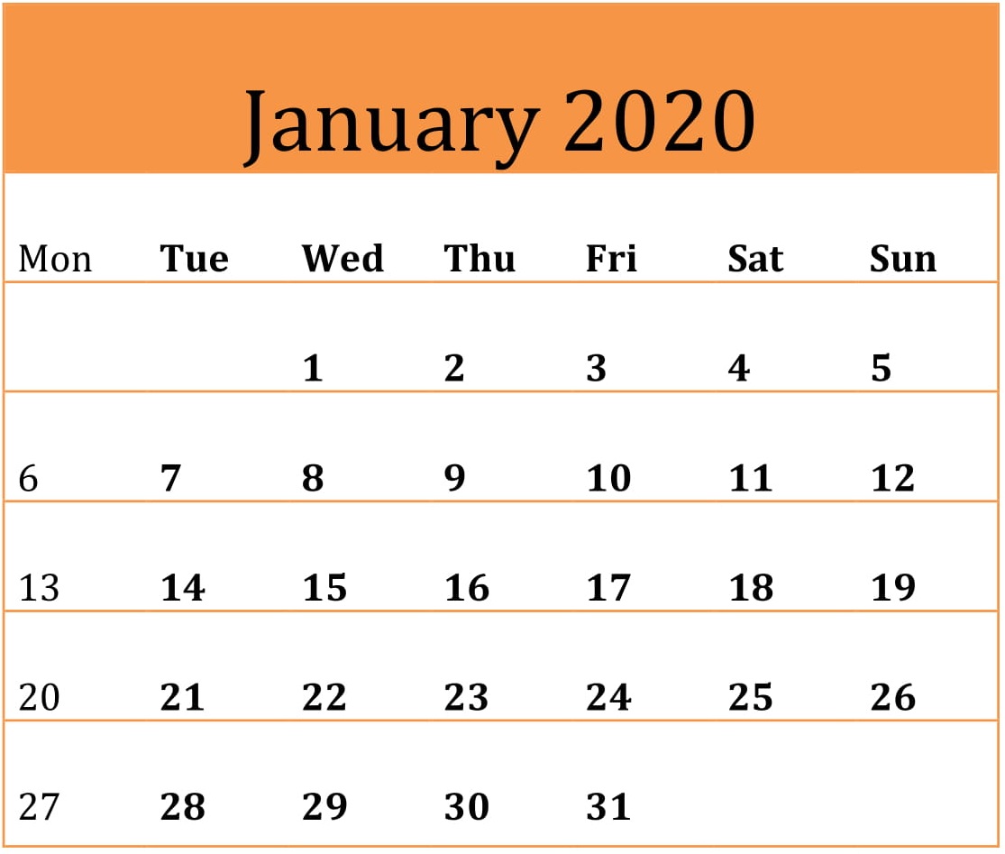 Calendar For January 2020 