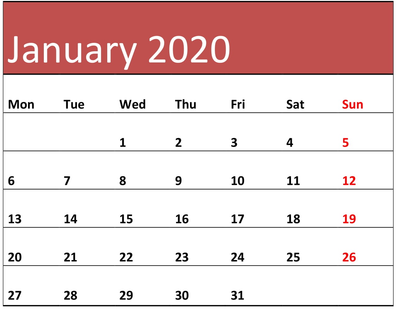 Printable January 2020 Calendar