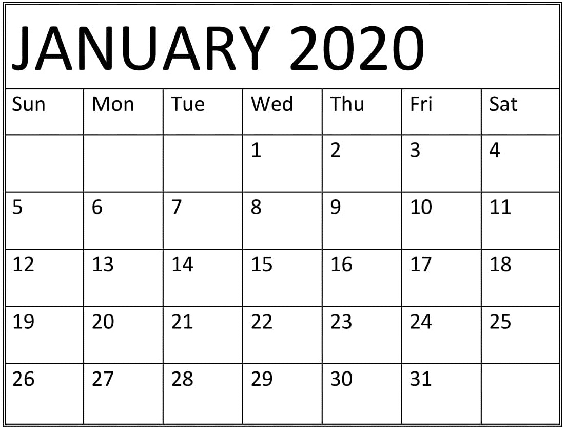 Printable January 2020 Calendar