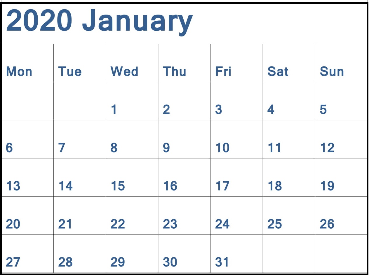 Printable January 2020 Calendar