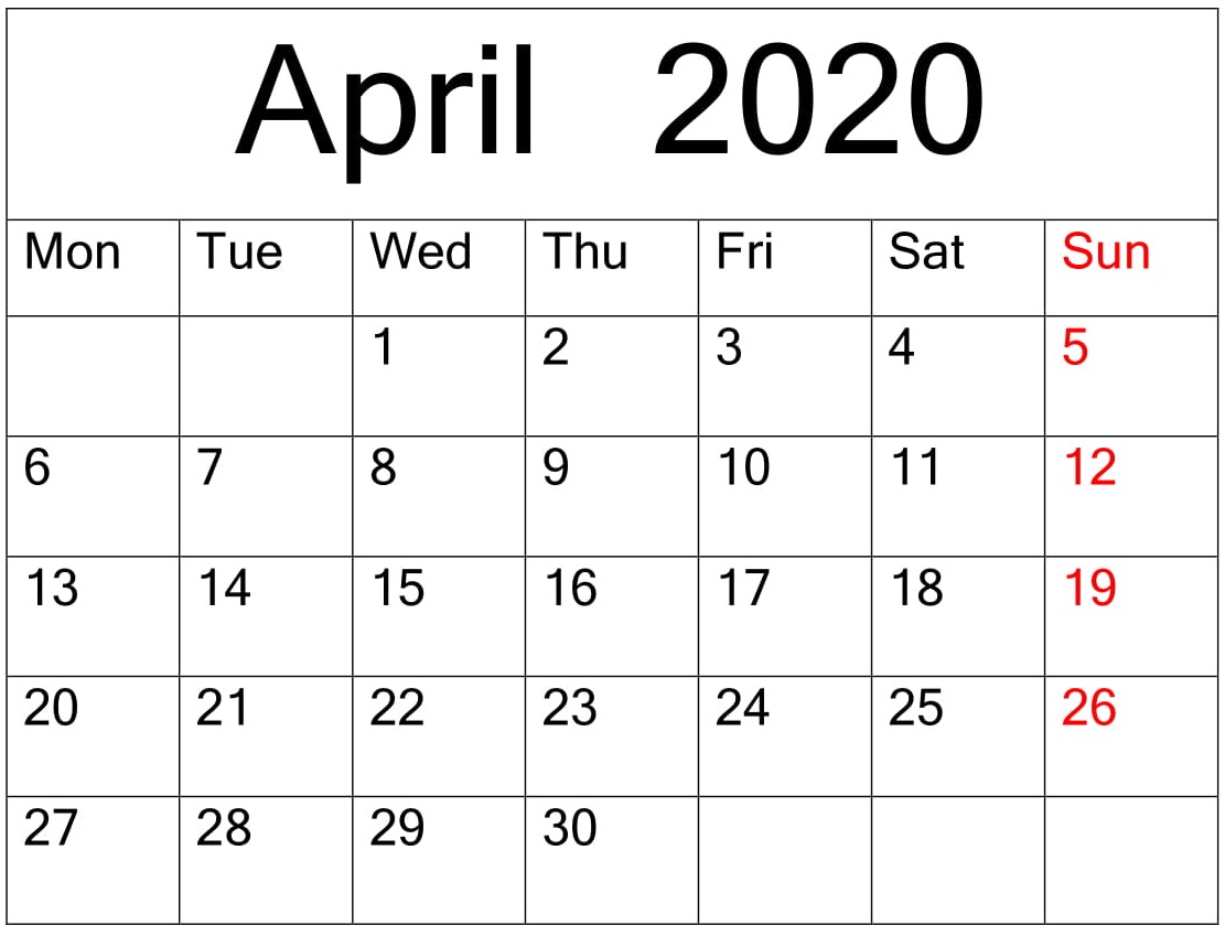 April 2020 Calendar 