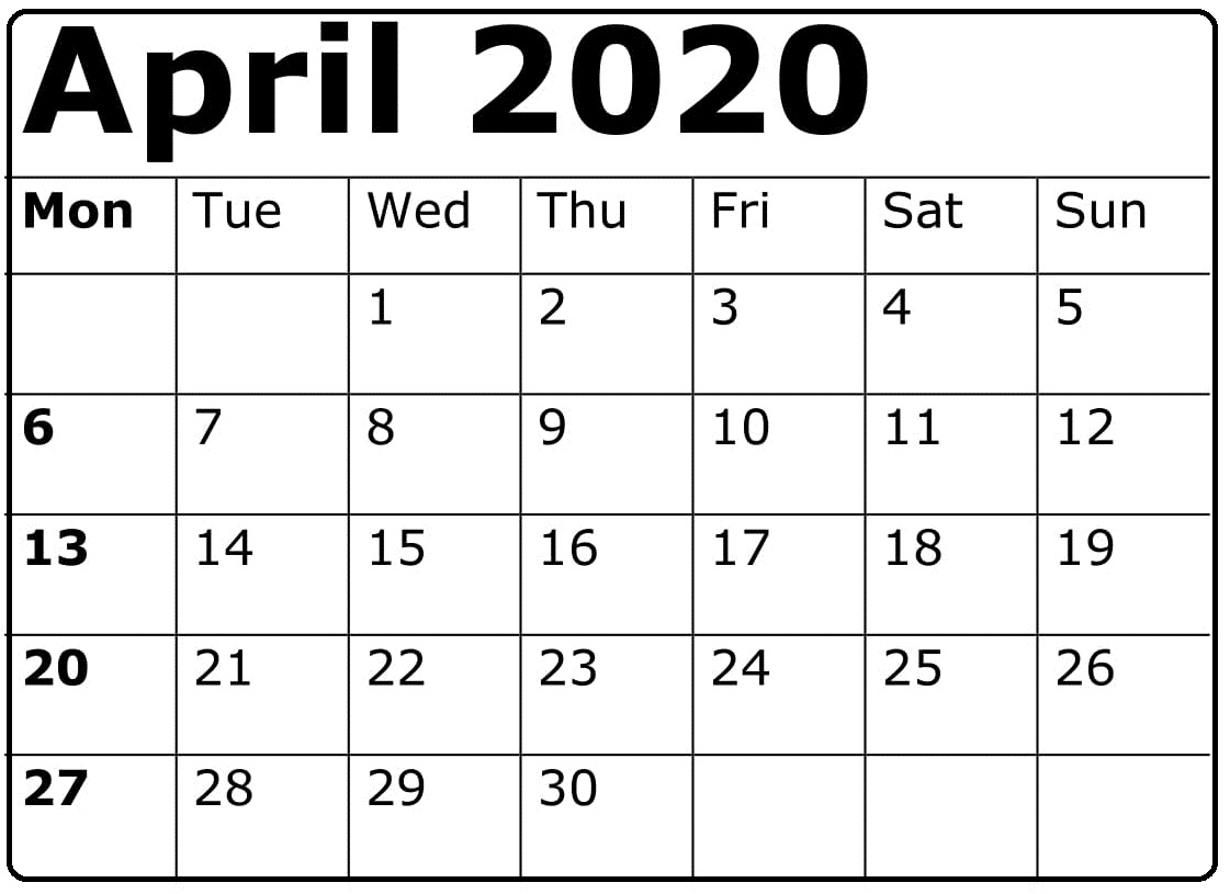 April 2020 Calendar 