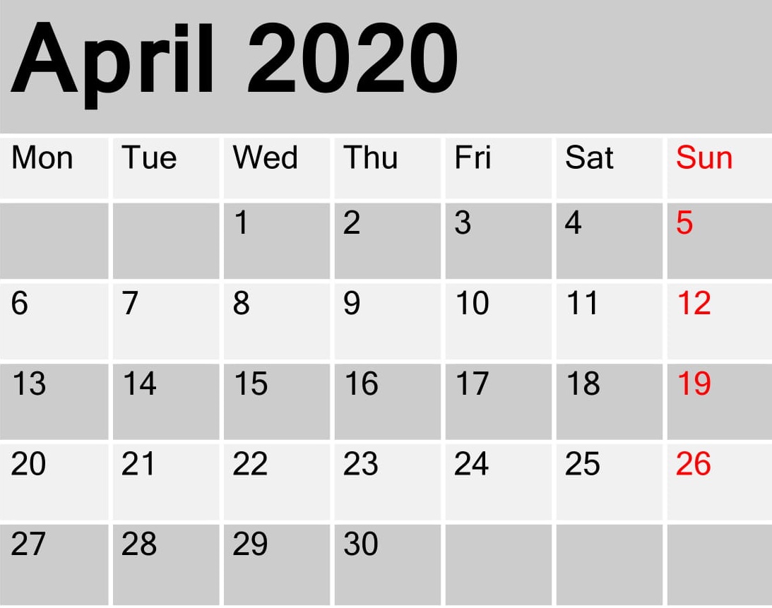 April 2020 Calendar 