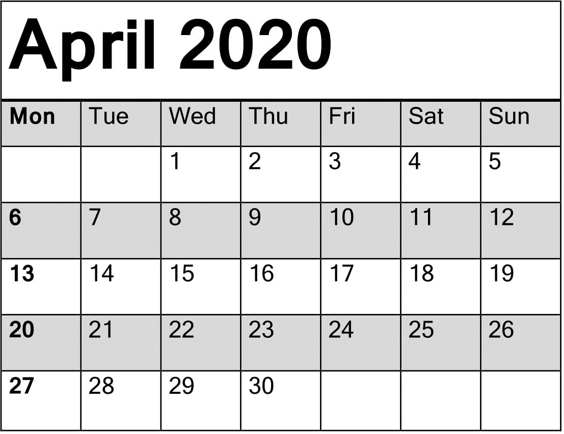 April Calendar 2020