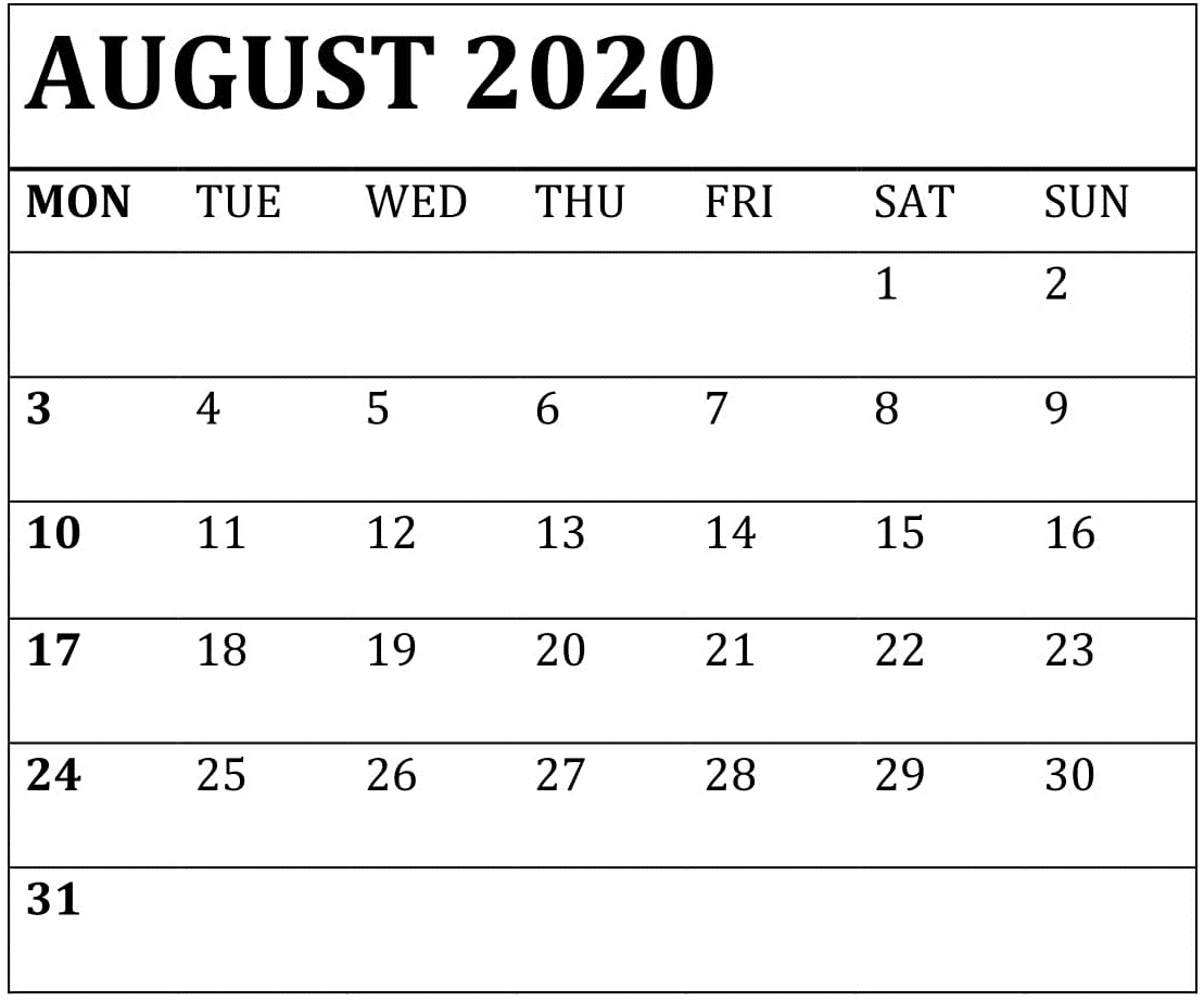 August 2020 Calendar 