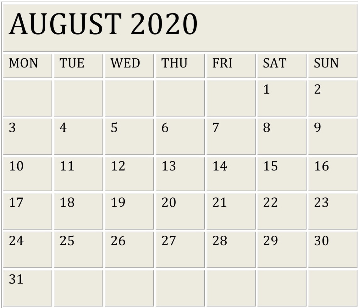 August 2020 Calendar 