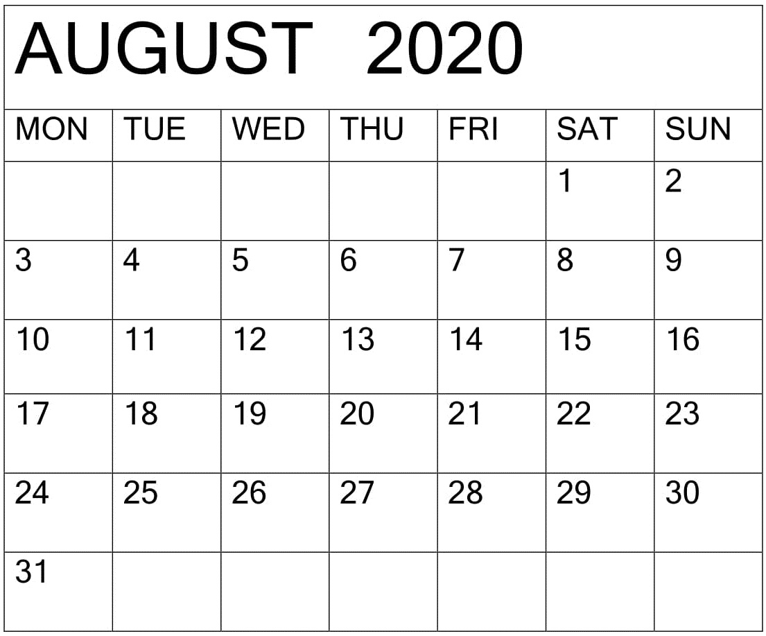 August 2020 Calendar For Editable Worksheet Template