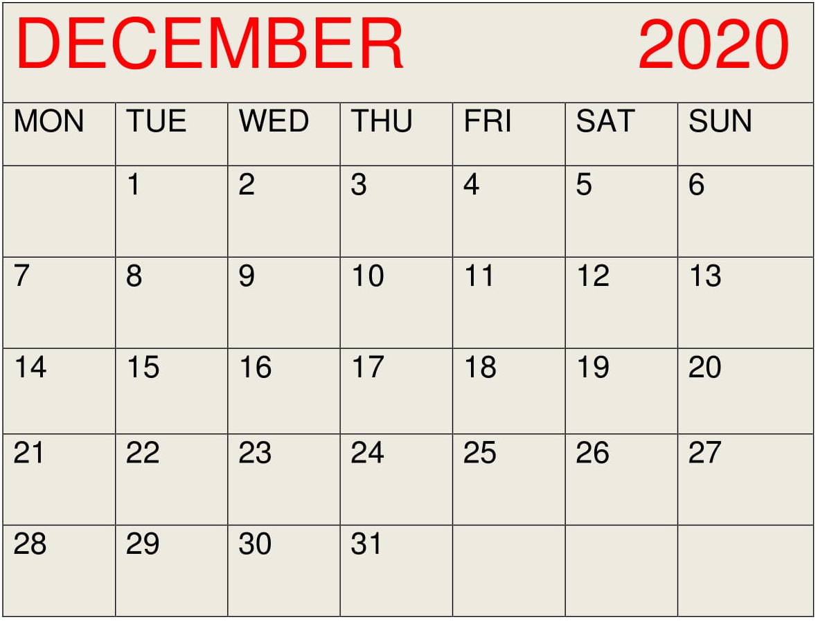 December 2020 Calendar 