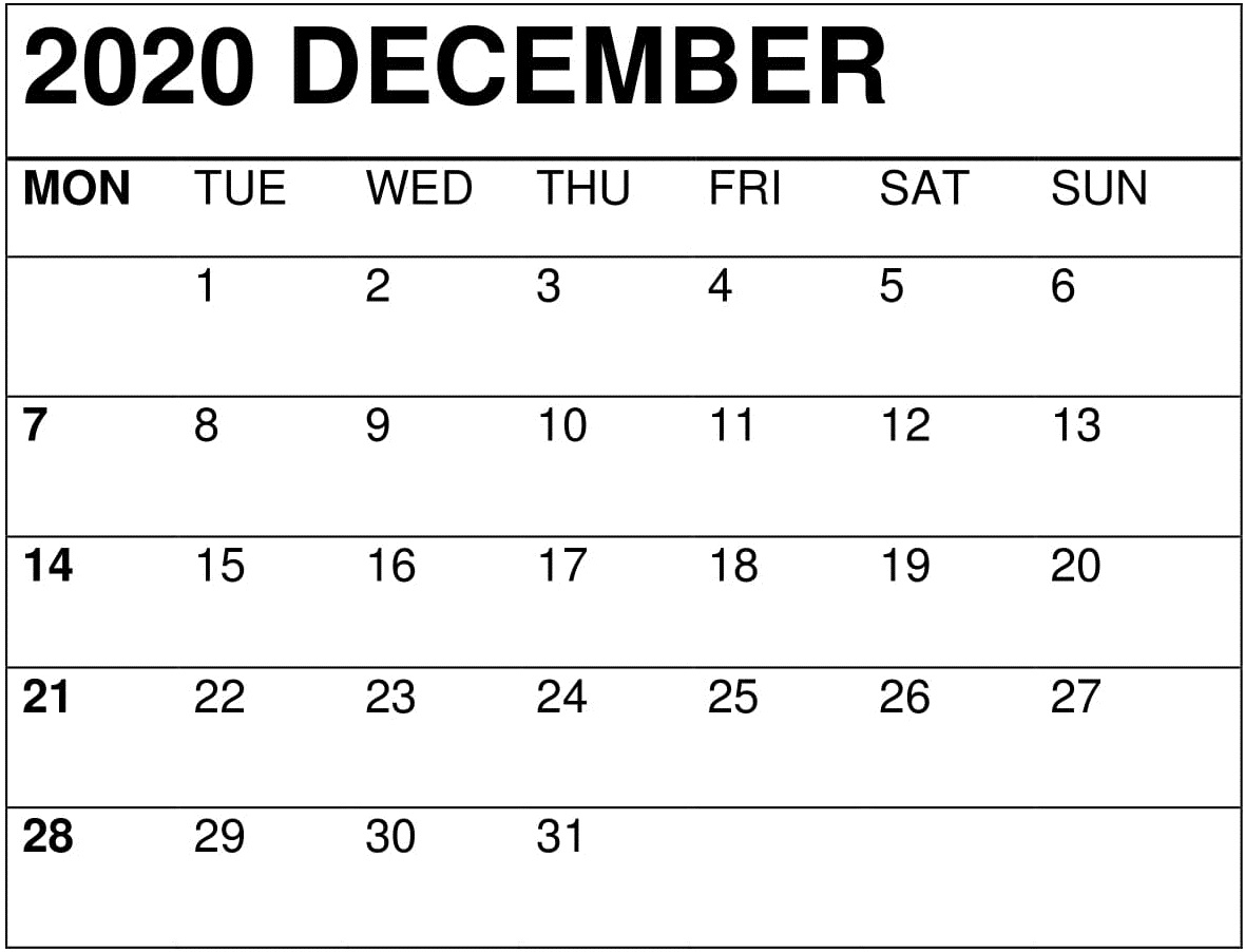 December 2020 Calendar 