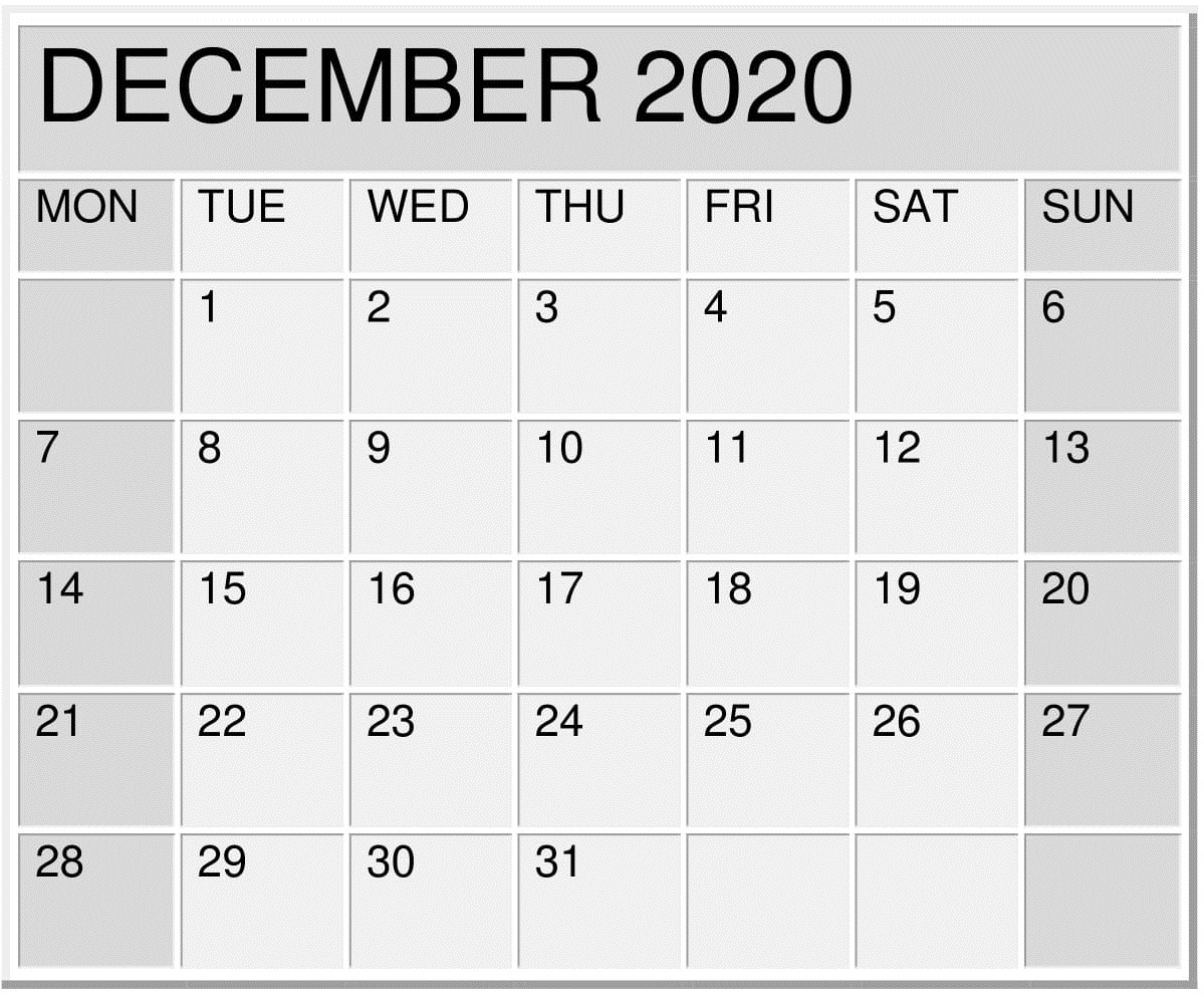 December 2020 Calendar 